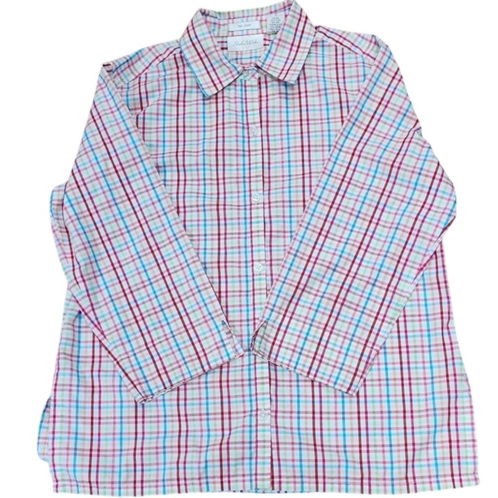 Studio Works No Iron Plaid Button Down Multi Color Blouse  3/4 Sleeve W  Small